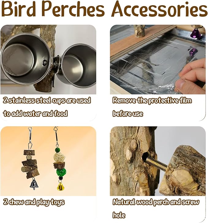 Tfwadmx Bird Perch Natural Wood Stand Toy Parrot Play Stand Platform Bird Cage with Removable Tray and 2 Stainless Steel Cups for Parakeets Canaries Cockatiels Conure Lovebirds