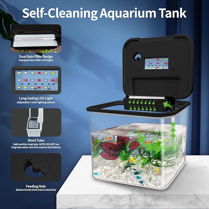 Small Fish Tank Kit 1.8 Gallon, Aquarium Starter Kit with Super-Quiet Water Pump, Dual Rain Filtration, Self Cleaning Function, Shatter-Resistant & Leak-Proof Base (Black)