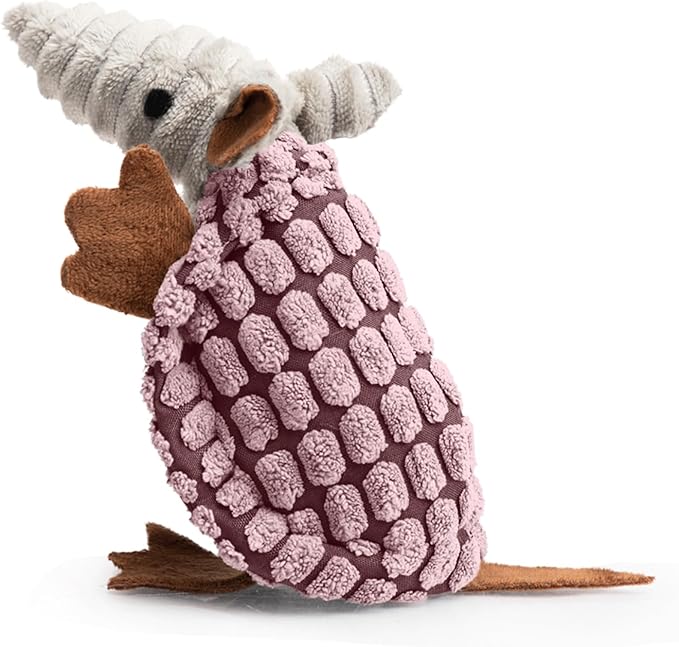 Hollypet Plush Dog Squeaky Toy Stuffed Armadillo Animal Pet Puppy Chew Toys with Clean Teeth for Small Medium Large All Breed Sizes Dogs, Pink, 6 in