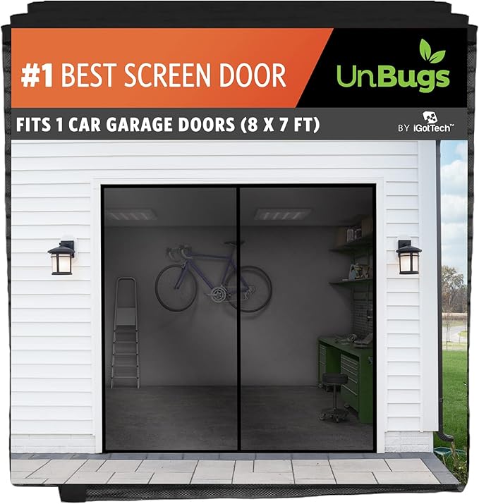 UnBugs Garage Screen Doors for 1 Car Garage - Fits Single Garage Doors up to 8 Feet Wide x 7 Feet Tall MAX - Pet & Kid Friendly, Self-Closing - Hands Free Magnet Closure Keeps Bugs Out & Breeze in