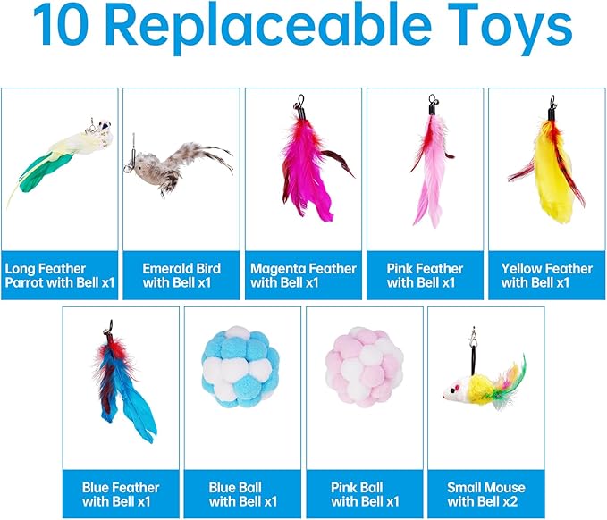 ZooZoo 14PCS Interactive Cat Feather Toy Set for Indoor Cats, Active Play Kit with Door Hanging Toy, Double-Sided Suction Cat Wand with Feathers, Mice & Fur Balls, Encourages Hunting, Jumping, Chasing