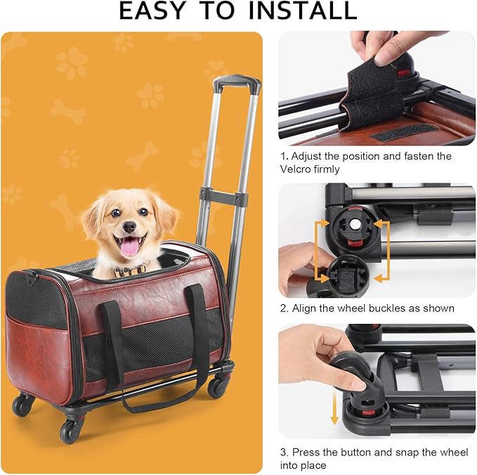 Airline Approved Pet Carrier with Wheels, Rolling Soft Sided Dog Cat Travel Bag, Premium Fashion Leather Small Pet Carrier Purse for Puppies and Cats Coffee