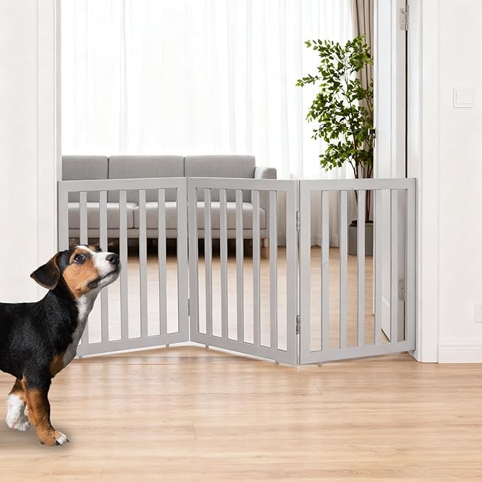 ZJSF Freestanding Indoor Dog Gate for House Foldable Wood Grey Puppy Gate for Doorways Pet Gate for Stairs Extra Wide Pet Fence 24" Height 3 Panels