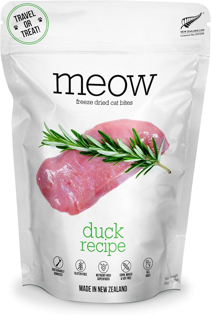 The New Zealand Natural Pet Food Co. Meow Duck Freeze Dried Raw Cat Food, Mixer, or Topper, or Treat - High Protein, Natural, Limited Ingredient Recipe 1.76 oz