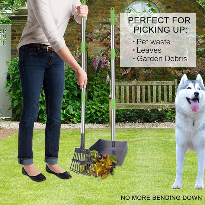 TNELTUEB Extra Large Dog Pooper Scooper, Metal Pet Poop Tray & Rake Set, Adjustable Long Handle for Large Dogs - Great for Grass/Street/Gravel