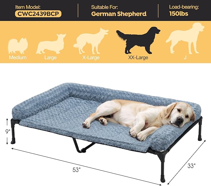 Veehoo Cooling Elevated Dog Bed Add Removable Deluxe Rose Plush Bolster Cushion Mat, 53" x 33" Washable Dog Couch Bed, Raised Pet Cot with Breathable Teslin Mesh, No-Slip Feet, Haze Blue, CWC2439B