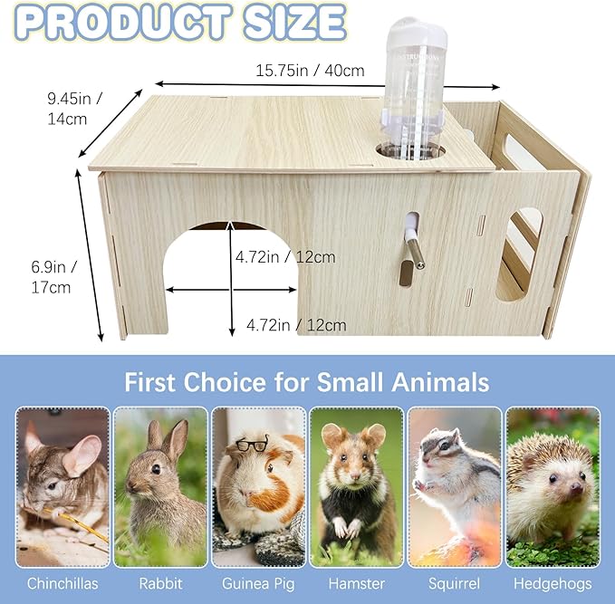 Hamiledyi Guinea Pig Hideout with Hay Feeder and Water Bottle Natural Wooden Chinchilla House Bunny Castle Small Animal Hideout for Rabbit Chinchilla Bunny and Guinea Pig