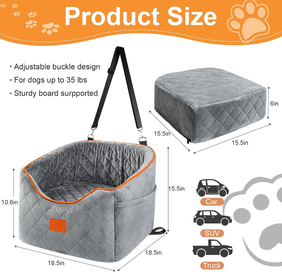 Dog Car Seat for Small Dogs, Memory Foam Booster Dog Seat for Dogs up to 35 lbs, Elevated Pet Car Seat with Washable Removable Cover, Storage Pockets (Gray)