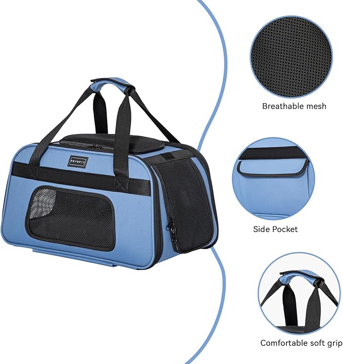 Petsfit Pet Carrier with Wheels, Rolling Cat Carrier for Small Cats, Airline Approved Pet Carrier with Telescopic Handle Perfect for Travelling Under 13lb,Blue