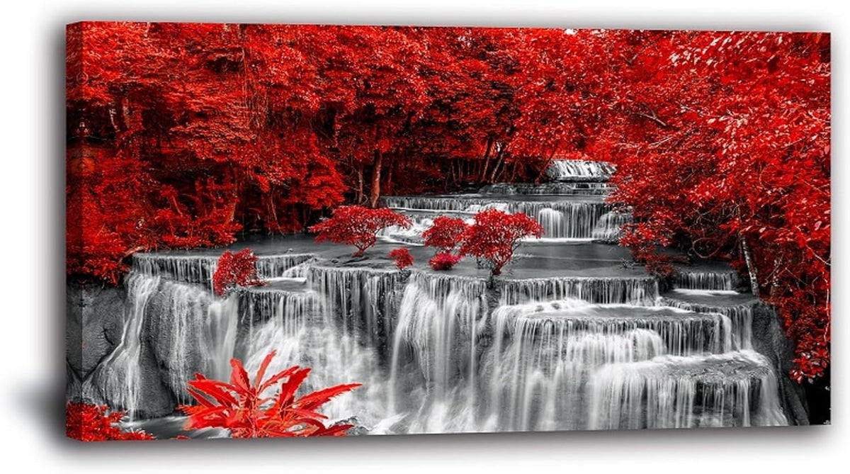Yxbhhym Large Black and White Decor Waterfall Canvas Wall Art Red Tree Wall Decor Landscape Prints Posters Forest Scenery Paintings for Wall Decoration Bedroom Living Room Décor- Framed Wall Art