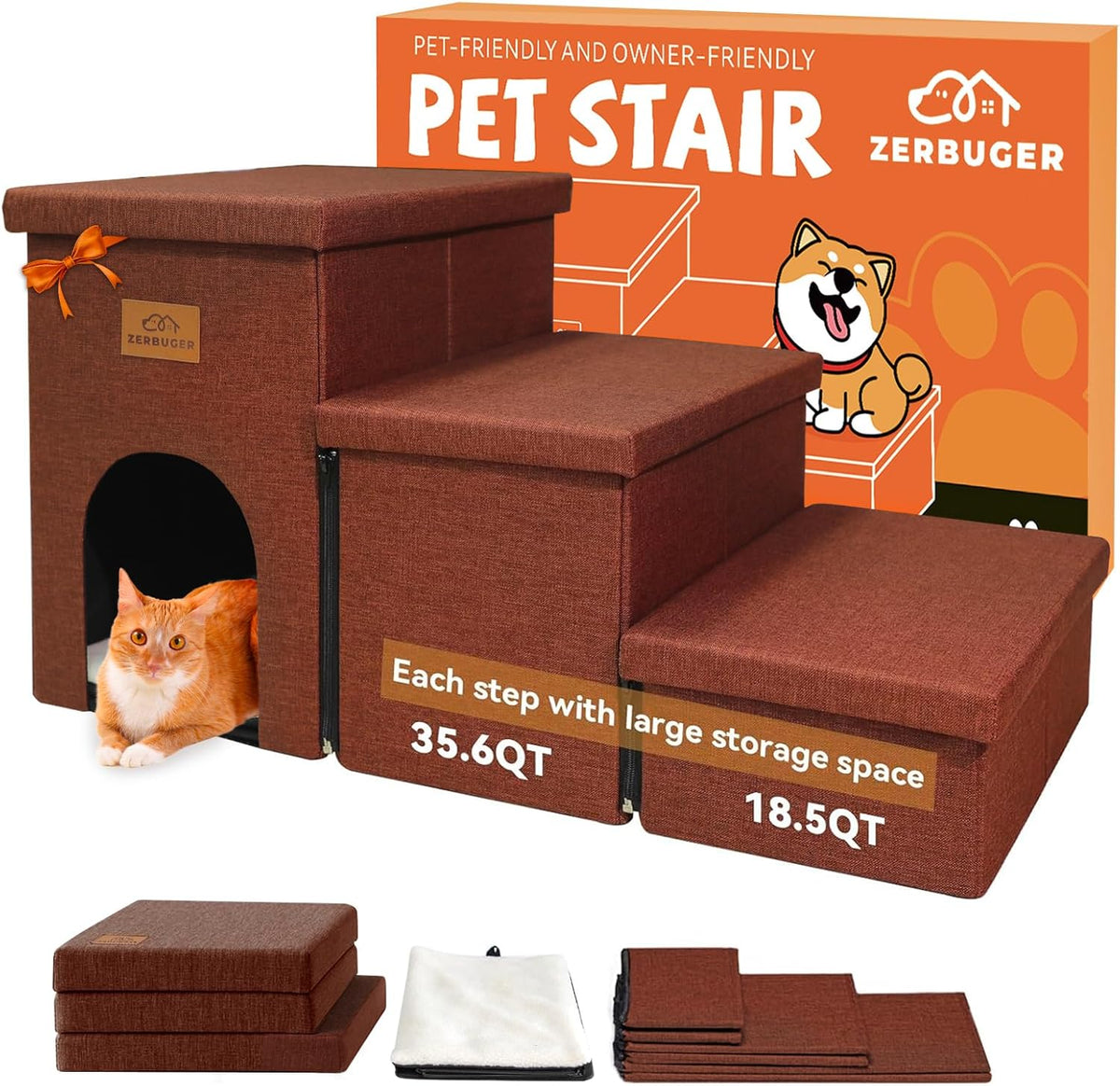 Dog Stairs with Condo 18" H, 3-Step Wider Dog Steps for High Beds Couch, Folding Storage Pet Stairs Gift for Small/Medium/Large Old Dogs Cats, Ramp for Climbing Car Up to 200 lbs, Brown