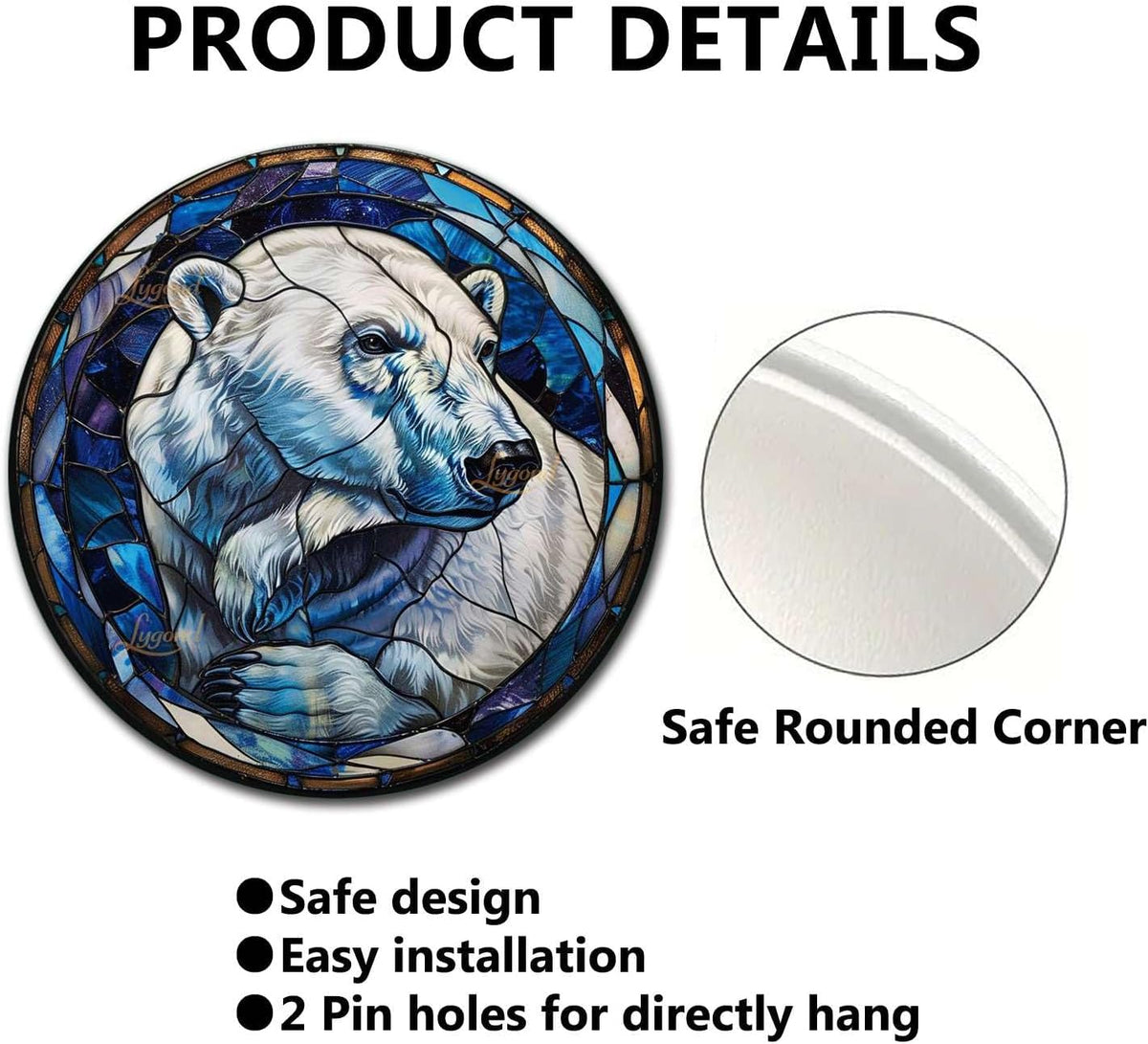 Lygond Metal Sign Tin Sign Circular Stained Glass Polar Bear Minimalist Wall Art for Gift 12×12 Inches