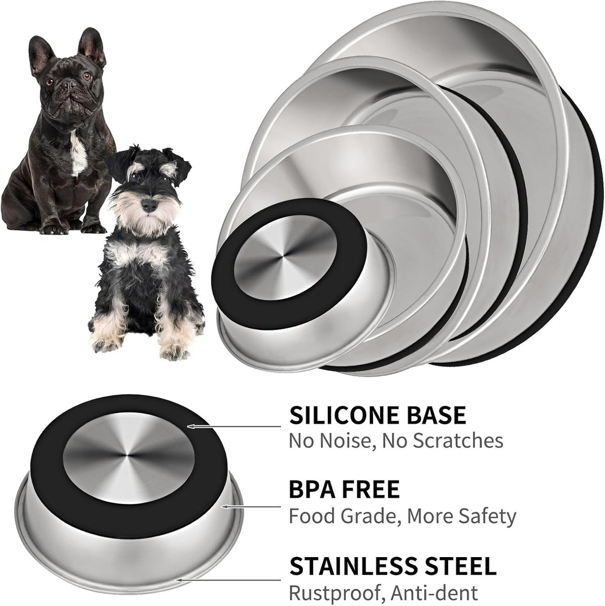 Taglory 4 Cup Stainless Steel Dog Bowls Set of 2 for Food and Water, Silicone Base Anti-Slip, Rust Resistant, Extra Thick Metal Bowls for Small Dogs, 30oz, Black