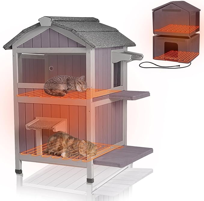 GUTINNEEN Outdoor Heated Cat House, 2-Story Weatherproof Feral Cat Shelter with Escape Doors, Removable Pad & Heating Mat for Winter(AIR94-Heated)