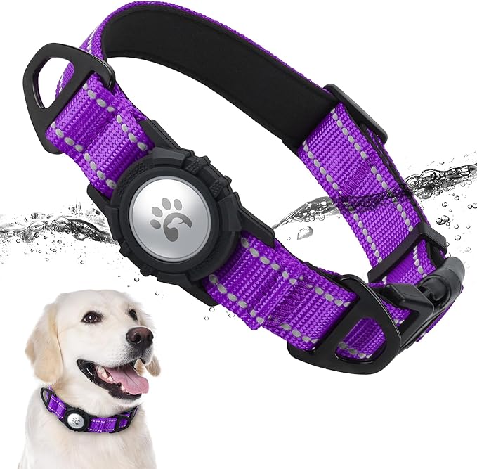 TagME Airtag Dog Collar,Waterproof Reflective Pet Collar with Airtag Holder,Soft Padded and Double D-Rings for Large Dogs,Purple