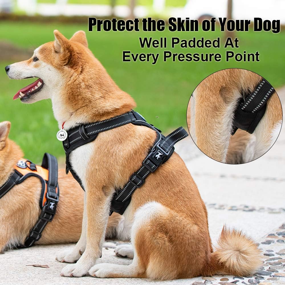 PoyPet No Pull Dog Harness, Reflective Comfortable Vest Harness with Front & Back 2 Leash Attachments and Easy Control Handle Adjustable Soft Padded Pet Vest for Small to Large Dogs (Black,XL)