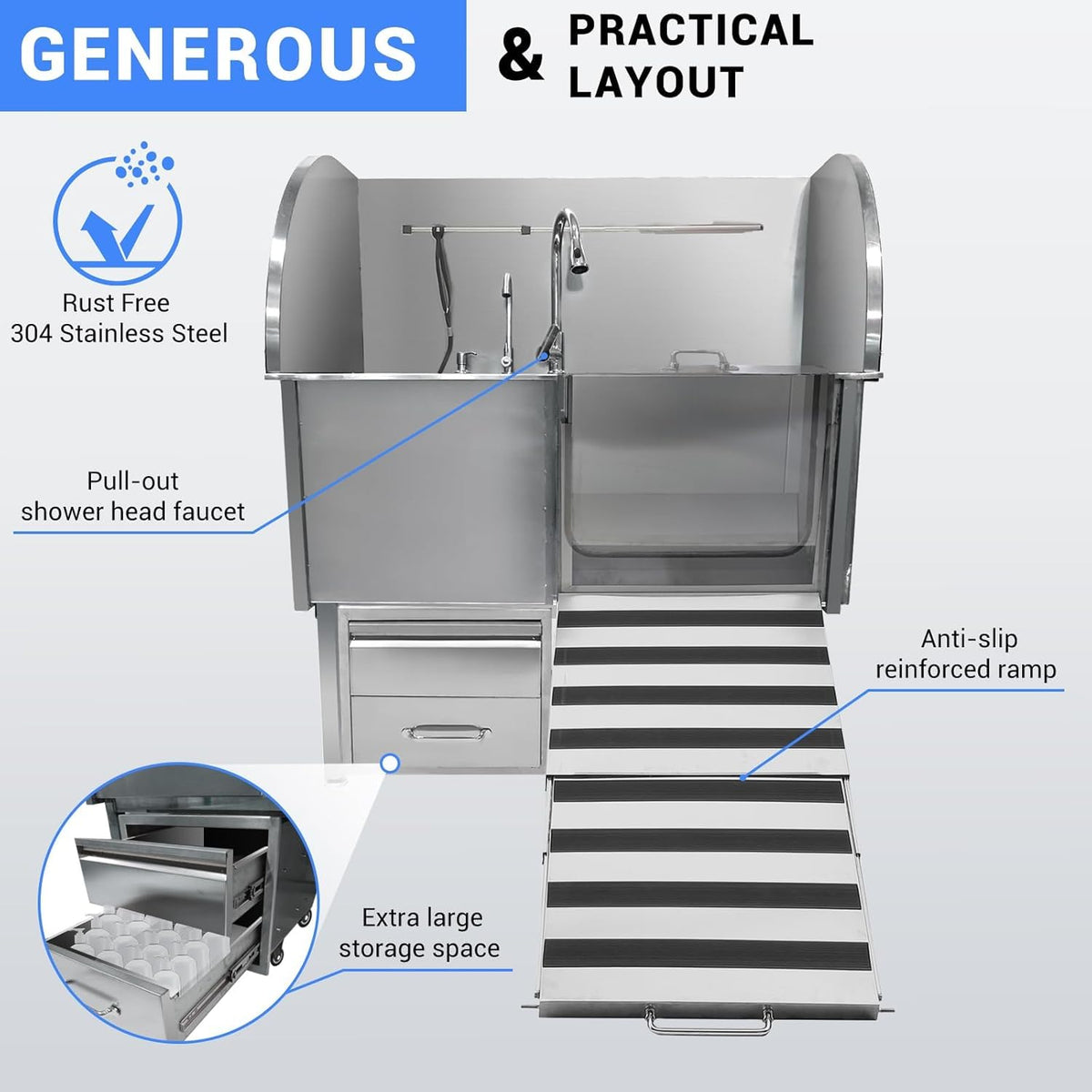 Professional Dog Grooming Tub, 50" Stainless Steel Dog Wash Station with Foldable Ramp, Storage Drawer, Floor Grate & Faucet/Dog Bathtub for Large, Medium & Small Pets - Right Door (50")