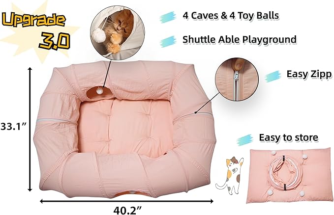 XxingSheep 4 Ways Shuttled XL Cat Tunnel Bed for Indoor Cats Peekaboo Cat Cave Donut with Cool Mat (Pink)
