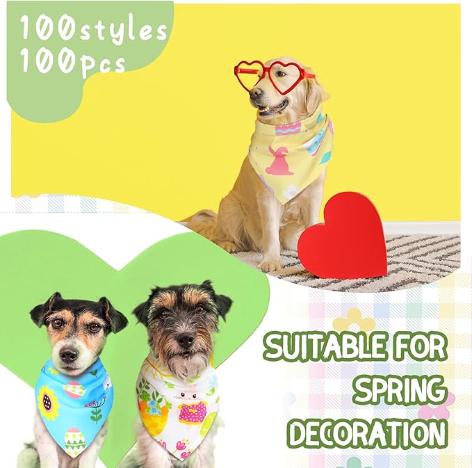 100 Pcs Dog Bandanas Bulk Pet Bibs Colorful Triangle Scarf Pet Bandanas for Medium Large Dogs Spring Summer Birthday Costume Decoration (Easter)