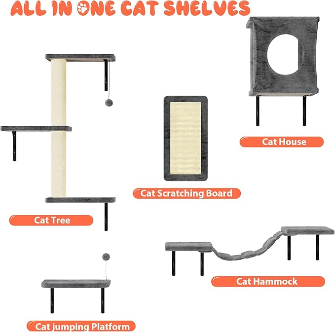 NUNU LAB Cat Wall Shelves Set, 5 Pcs Wall-Mounted Cat Climber with Cat House, Bridge, Scratching Post, Hammock, Wall Shelves, Gray