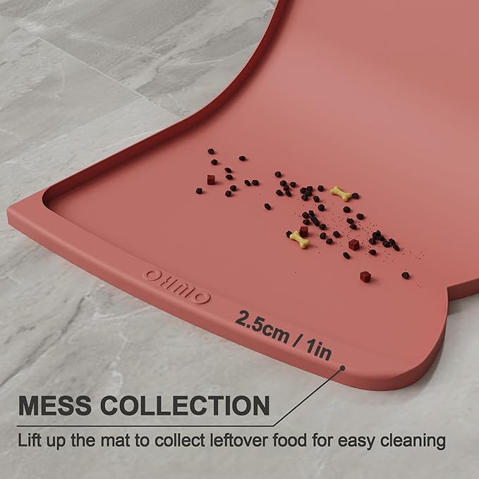 OHMO Dog Food Mat(Erythrinus, 24 * 15'') w/Residue Collection Pocket Silicone Pet Feeding Mat for Floor High Edges Anti Spills Waterproof Cat Water Bowl Tray, Easy Clean Placemat