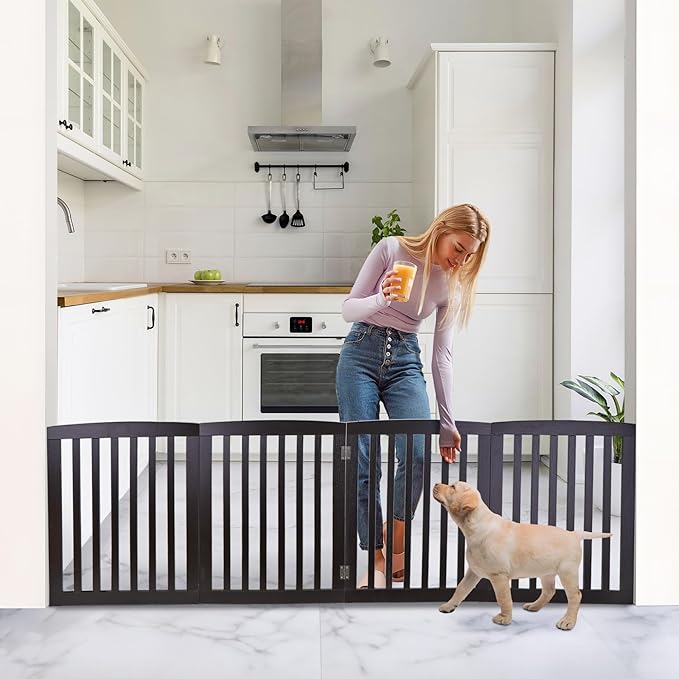 ZENY Freestanding Pet Gate for Dogs - 4 Panels Indoor Foldable Dog Fence for Stairs, Hallways, or Doorways - 82x24-Inch Freestanding Dog Gates, Brown