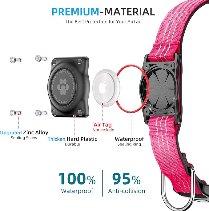 Upgraded AirTag Dog Collar, IP68 Waterproof Air Tag Dog Collar Holder, Reflective, Ultra-Durable, Comfortable Padded, Heavy Duty Dog Collars for Small Medium Large Dogs (XL (15.6"-22"), Hotpink)