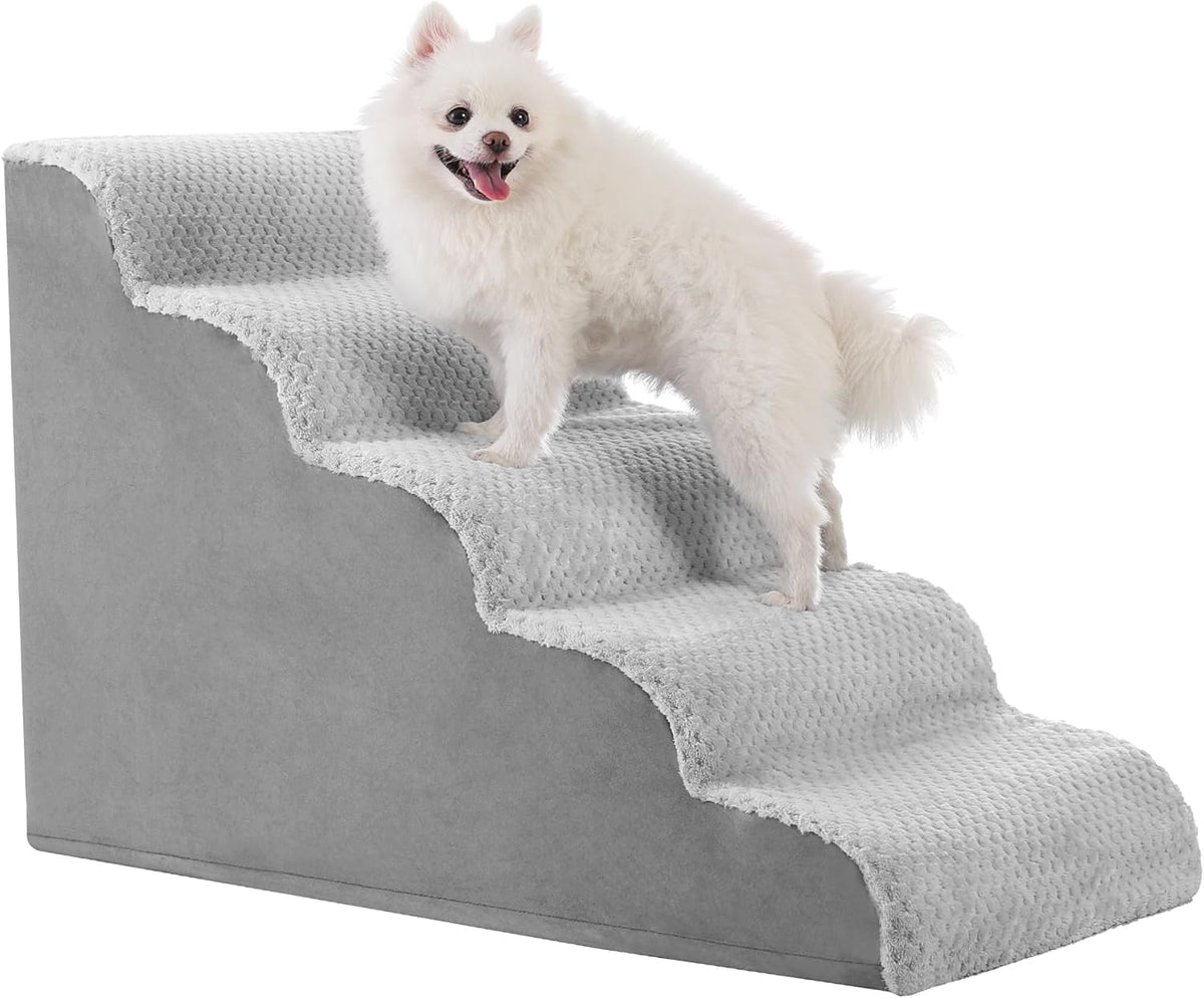 MIHIKK Dog Stairs Ramp, Curved 5-Step Dog Steps for Small Dogs and Cats, Pet Stairs for High Beds and Couch with Anti-Slip Washable Cover and Durable High Density Foam, Grey