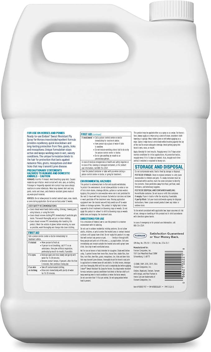 Farnam Endure Sweat-Resistant Fly Spray for Horses, Sweat-Rsistant Formula Lasts Up to 14 Days, Kills and Repels Against Flies, Gnats, Mosquitoes, Ticks & Lice, 128 oz.