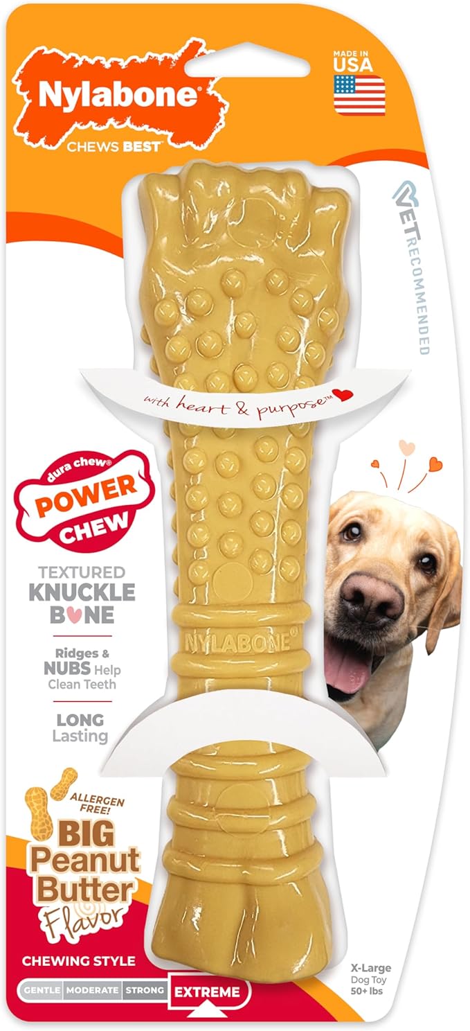 Nylabone Power Chew Textured Knuckle Bone - Dog Toys for Aggressive Chewers - Peanut Butter Chew Toy - Large Dog Chew Toys - Peanut Butter Flavor, X-Large - Over 50 Ibs. (1 Count)