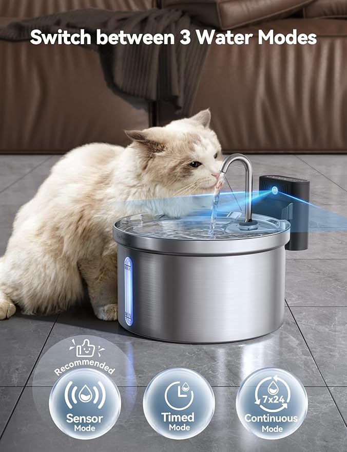 Wireless Cat Water Fountain Stainless Steel [Water & Battery Separation] FEELNEEDY Smart Pet Water Fountain, 4000mAh Battery Operated Water Fountain for Cats Dogs 3.5L/118oz + 6 Filters