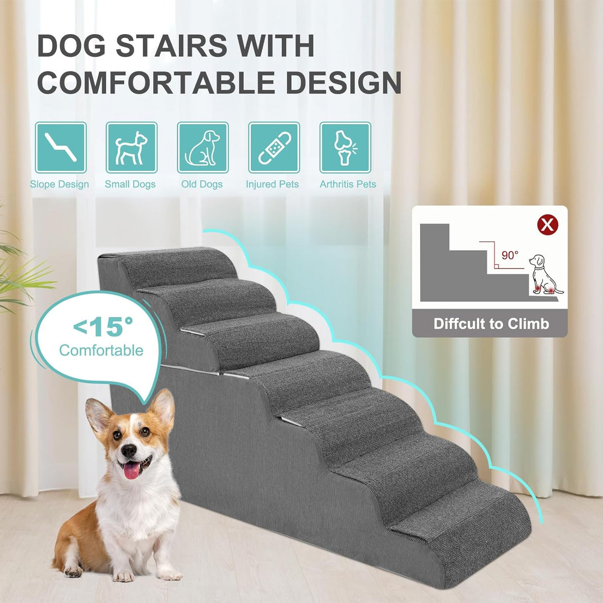 6-Step Dog Stairs for High Bed - 25.5" Adjustable Dog Ramps for Couch, Non-Slip Sturdy Pet Steps for Small Dogs, Washable Cover, Removable Modular Design, Dual 11” & 14.5” Steps for Custom Height