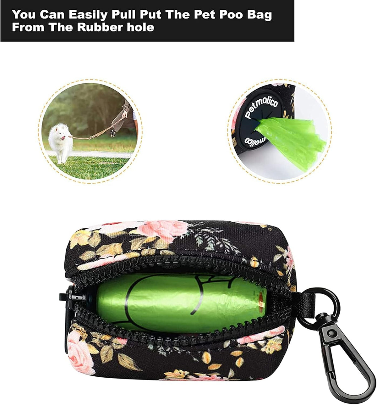 Petmolico Dog Poop Bag Holder Leash Attachment, Waste Bag Dispenser Zippered Pouch, Fits Any Leash, Includes Free Roll of Bags, 2 Packs - Pink Rose
