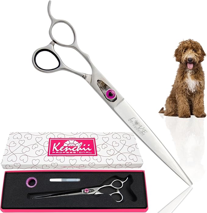 Kenchii Love Left Handed Dog Grooming Scissors, 8 Inch Straight Shears, Dog Scissors for Grooming, Professional Pet Grooming Scissors, Ergonomic & Comfortable