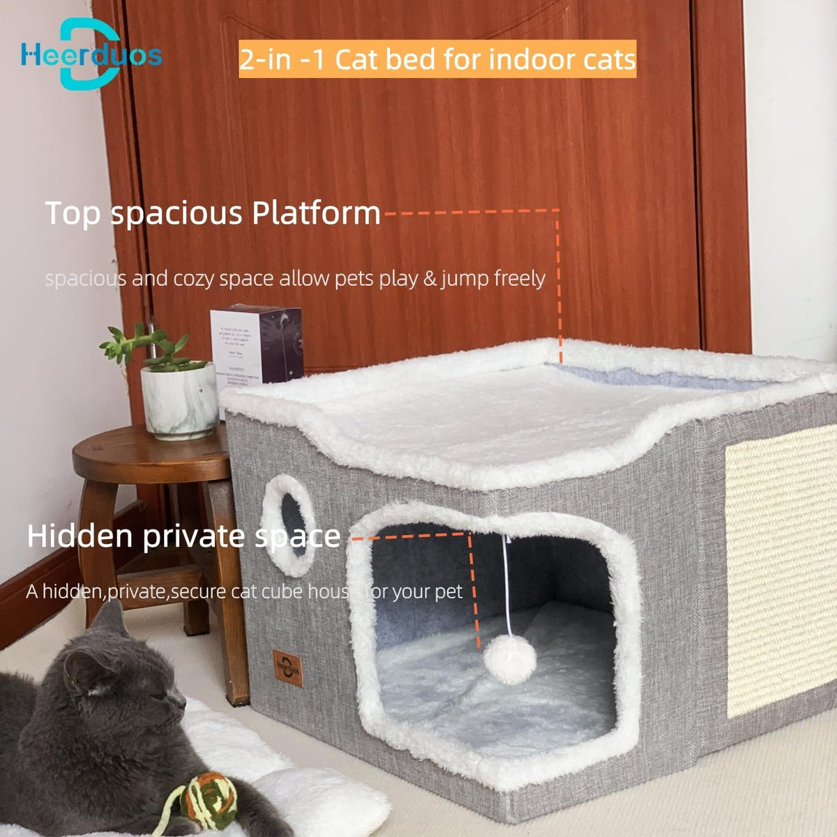 Cat Bed for Indoor Cats,Covered Cat Cave House & Furniture with Scratch Pad,Foldable Cat Hideaway Hut Cute Cat Condo with Soft Washable Mat for Multi Small Pet Under 30 lbs,Light Grey