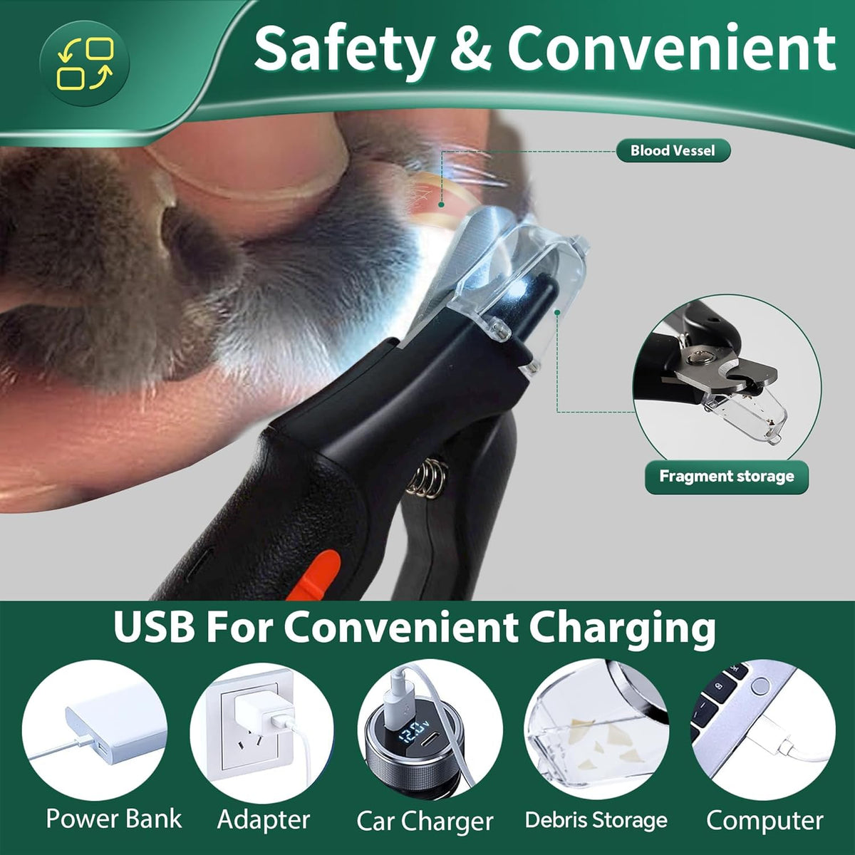 Dog Nail Clippers & Cat Nail Clipper With Catcher, 2 In 1 Dog Nail Trimmers & Grinder With Light for Large Small Dogs Cats,Silent Groom Pro Claw Trimmer, Rechargeable Dogs Nails Grinder Quiet