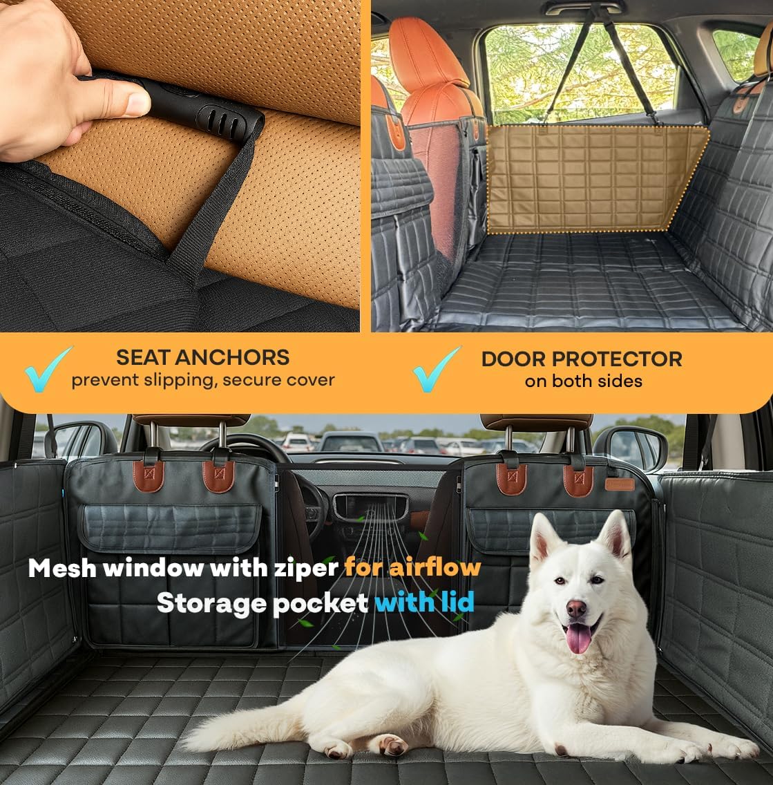 APetsPlanet Dog Car Seat Cover for Back Seat Hard Bottom - Waterproof Backseat Extender for Dogs - Pet Hammock Bed for Car, Truck, SUV with Mesh Window & Storage - Black Leather, with Door Covers