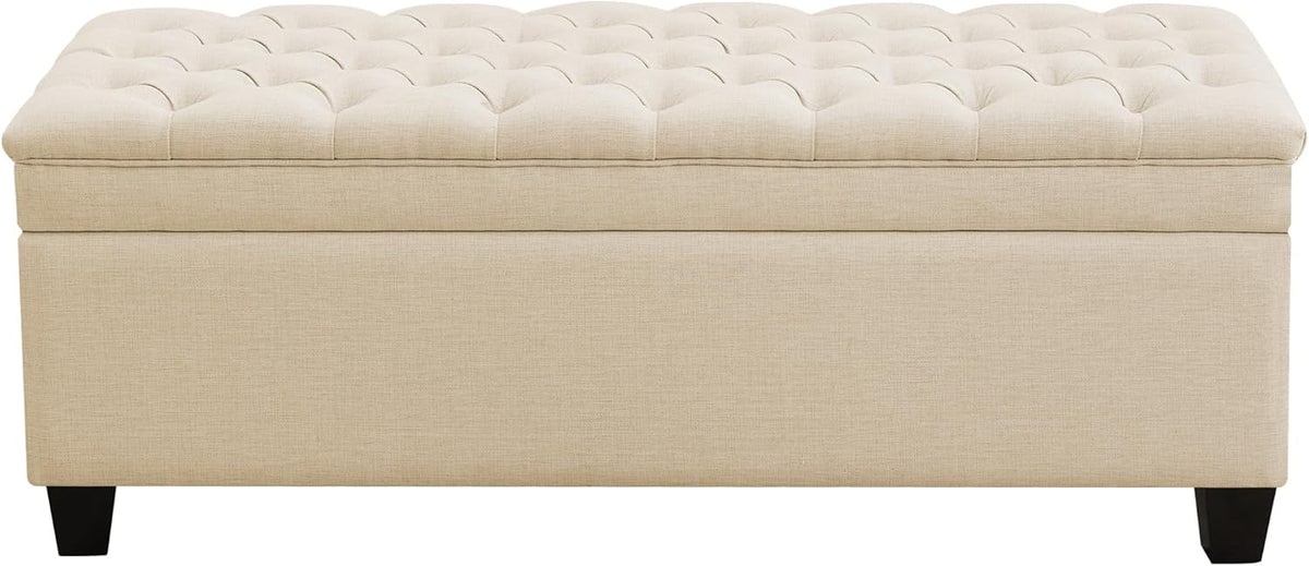 51" Fabric Storage Ottoman Bench, Upholstered Rectangle End of Bed Storage Ottoman Tufted Living Room Bedroom Bench with Safety Hinge, Solid Wood Legs, Loads 500 lb(Khaki)