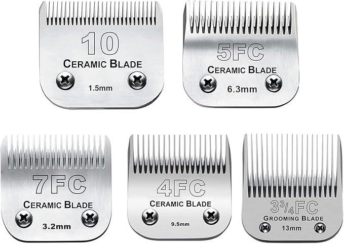 5PACK Dog Grooming Clipper Replacement Blades Compatible with Andis Pet Clipper/Oster A5/Wahl KM Series Dog Clipper with Ceramic Blade & Stainless Steel Blade (#10+5FC+7FC+3FC+4FC)