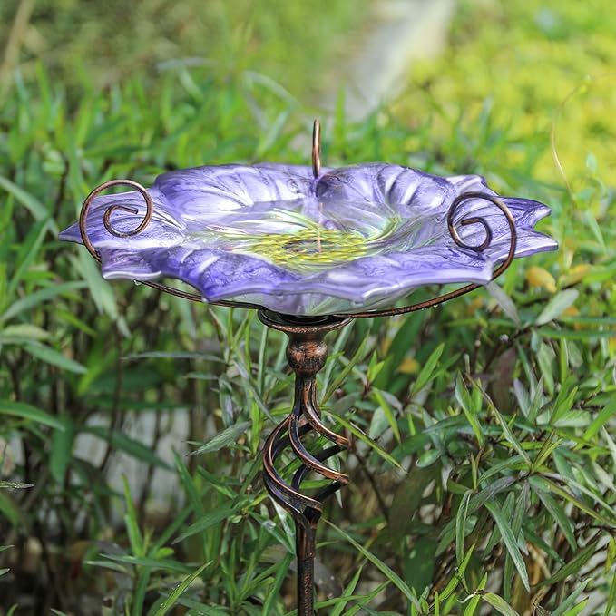 VCUTEKA Glass Bird Bath Outdoor BirdBath Bird Feeder with Metal Stake Garden Decor, Purple