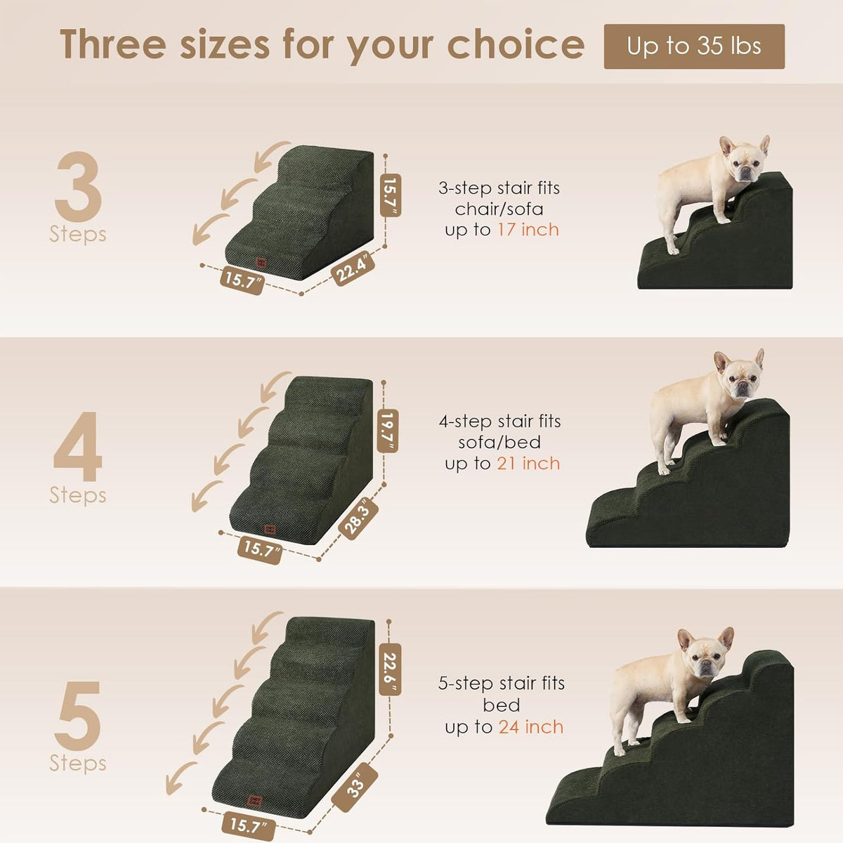 EHEYCIGA Curved Dog Stairs Ramp for High Beds 22.6" H, 5-Step Dog Steps for Small Dogs and Cats, Pet Stairs for High Bed Climbing, Non-Slip Balanced Pet Step Indoor, Olive Green