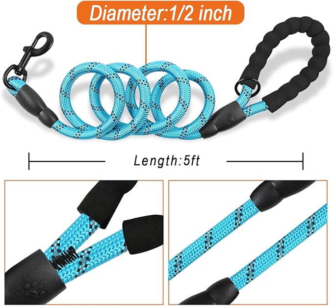 BARKBAY Dog Leashes for Large Dogs Heavy Duty Dog Leash 2 Pack 5 FT with Comfortable Padded Handle Highly Reflective Threads for Medium Large Dogs Walking Training Running (5FT-1/2,Blue+Black)