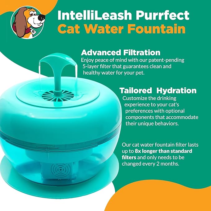 IntelliLeash PURRoducts Purrfect Water Fountain for Cats and Small Dogs with Premium 5-Layer Filter That Lasts Up to Two Months. Splash Free and Tip-Proof Design. Low Water Auto Shut-Off Feature.