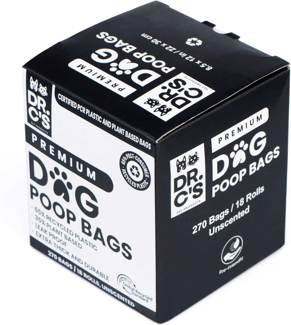 Certified 65% PCR (Post Consumer Recycled) Plastic and 35% Plant Based Dog Poop Bags - Dr. C's Premium Dog Poop Bags - 270 Bags / 18 Rolls, Extra thick, Leak Proof, Unscented, Earth Friendly