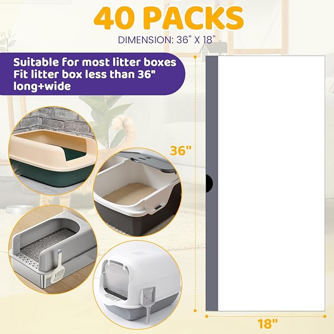 40 Count Cat Litter Liners Large, Jumbo Drawstring Extra Durable Pet Cat Pan Liners Extra-Thick Kitty Litter Box Bag 36" x 19"