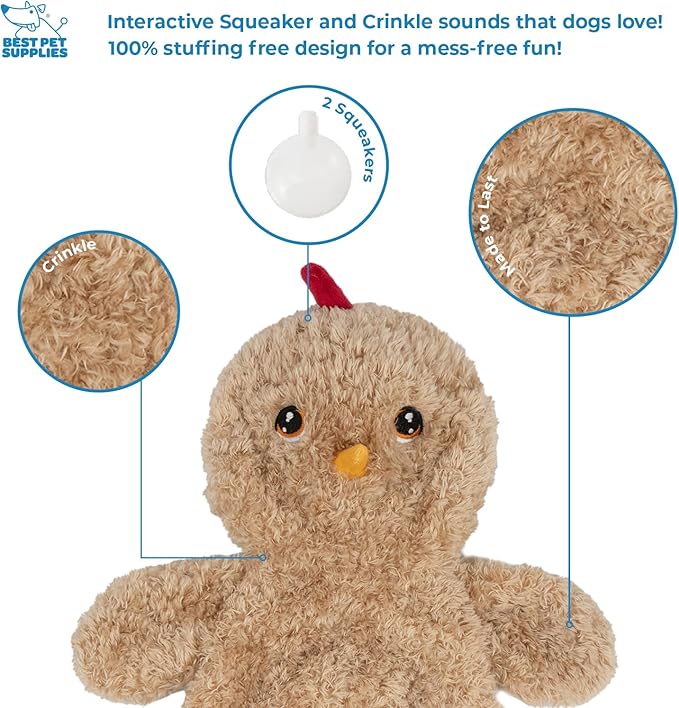 Best Pet Supplies Interactive Squeaky Dog Chew Toy, Ideal Dog Toys for Chewers, Small, Medium & Large Dogs, and Fetch Lovers - Crinkle Chicken (Khaki), Large