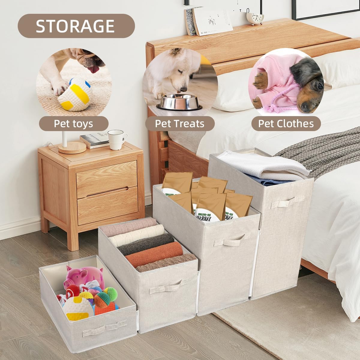 Dog Stairs with Storage, 4-Step Folding Pet Steps for Small Dogs and Cats, Pet Steps Storage with Zip, Pet Stairs for High Bed, Couch and Car Ramp (Beige, 4 Steps no Condo)