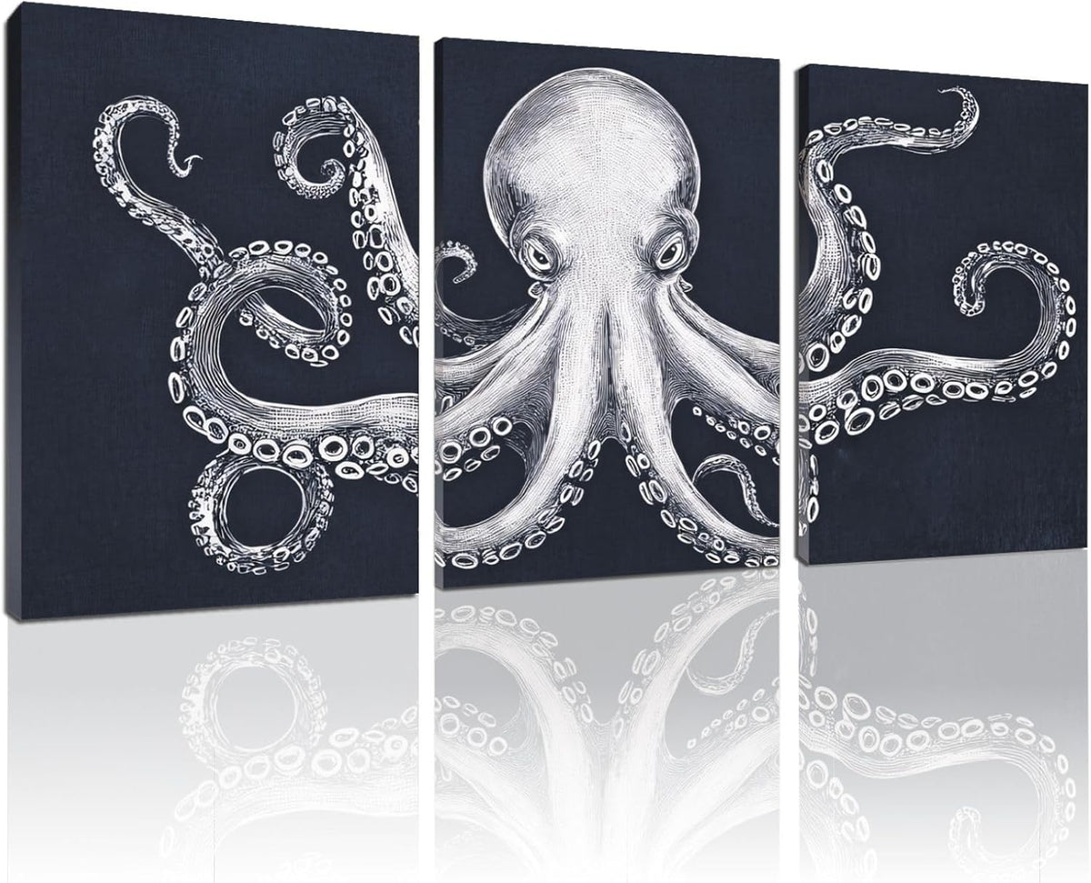 Octopus Wall Decor, Octopus Canvas Wall Art, Ocean Wall Decor,Sea Animal Canvas to Paint for Bathroom, Living Room, Bedroom (12" x 18" x 3 pcs)