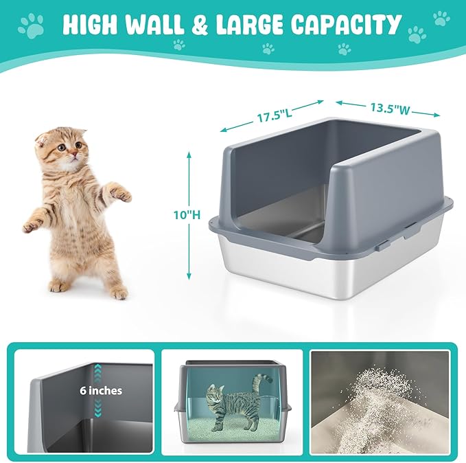 Litter Box with Lid, Stainless Steel Litter Box, 10" Metal Litter Tray High Sides, Small Litter Pan for Kittens, Enclosed Cat Litter Pan, Non-Sticky Covered Grey, Easy Clean