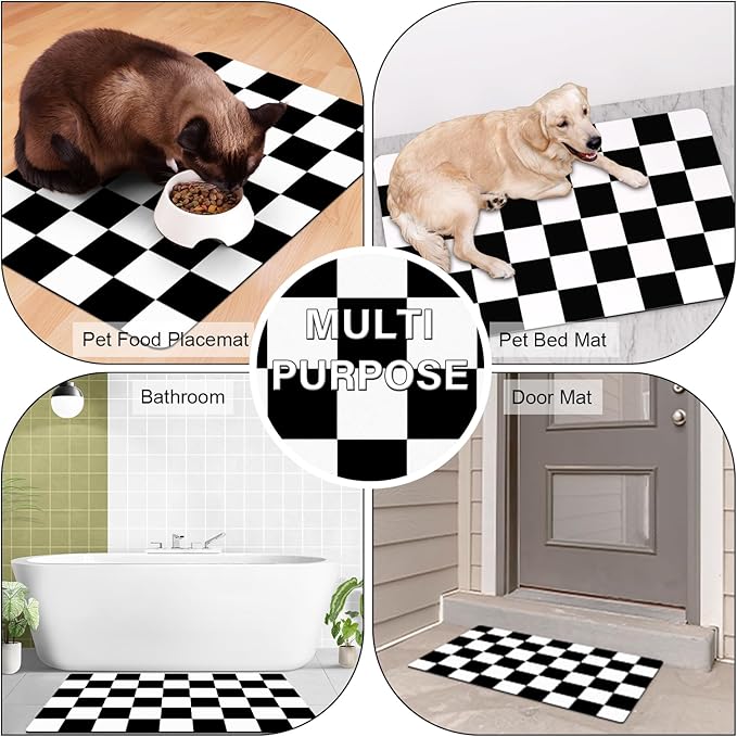Cat Food Mat - 12"x 20" Cat Dog Mats for Food and Water Bowl, Checkered Pet Placemat Feeding Mat, Non-Slip Under Pet Bowls Mats for Messy Drinkers, Black & White